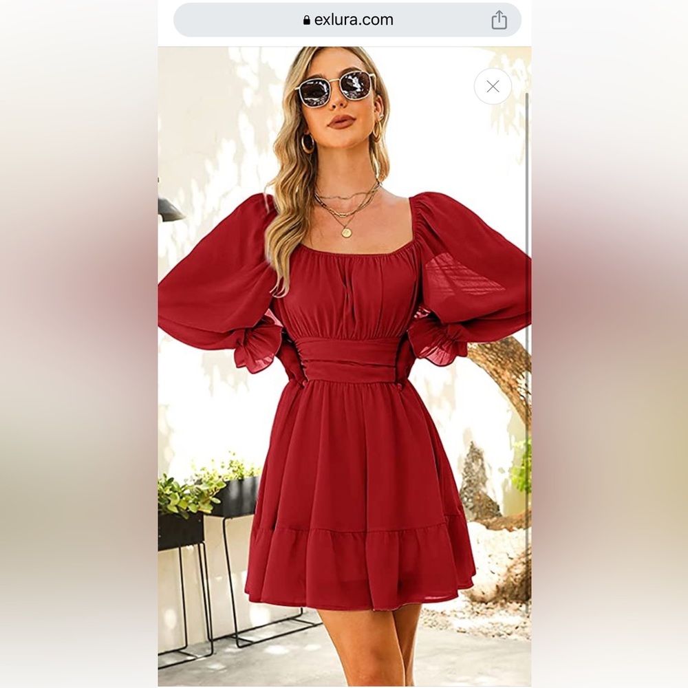 Women’s Tie Back Long Lantern Sleeve Square Neck Dress Casual Mini Dress